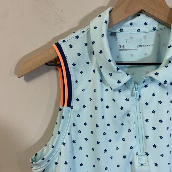 Under Armour Light Blue Ditsy Floral Sleeveless Polo Tank Top 1/4 Zip Sz M - Picture 5 of 9